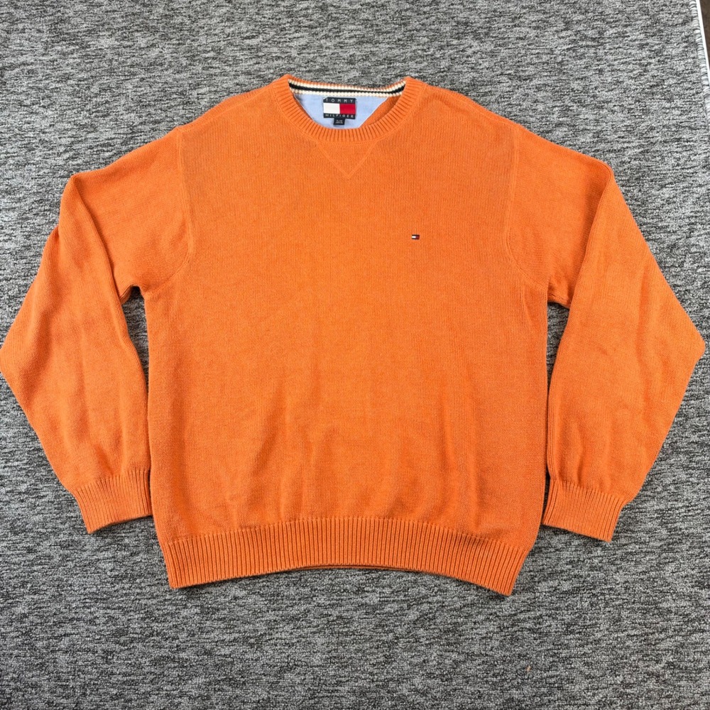 Tommy Hilfiger Mens XL Orange Cotton Crewneck Sweater Flag Logo Pullover Y2K
